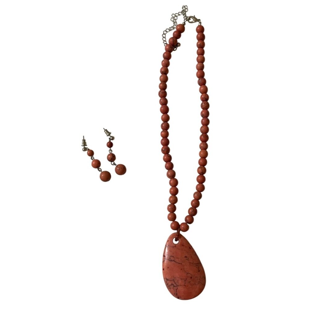 Teardrop Coral Necklace & Drop Earrings Rhodonite Rose Red